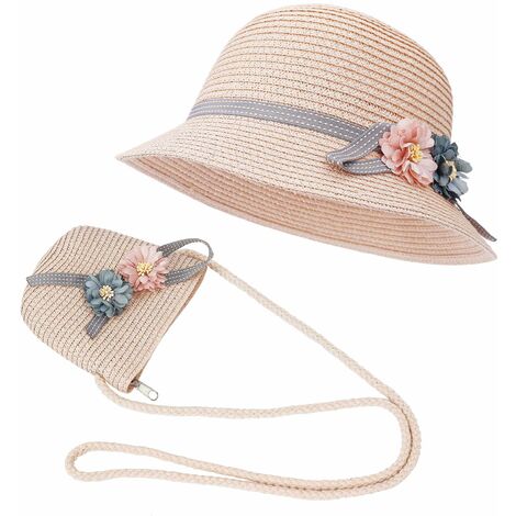 Chapeau de paille et petit sac ensemble filles enfants chapeau de soleil d'été avec décoration florale pour les activités de plein air de voyage de vacances