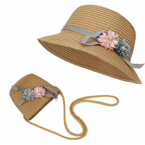Chapeau de paille et petit sac ensemble filles enfants chapeau de soleil d'été avec décoration florale pour les activités de plein air de voyage de vacances