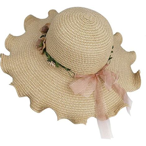 Chapeau de Paille Femme Large Bord Cap de Soleil UV Protection D'été Pliable Plage avec Décoration Florale pour Loisirs Voyage，