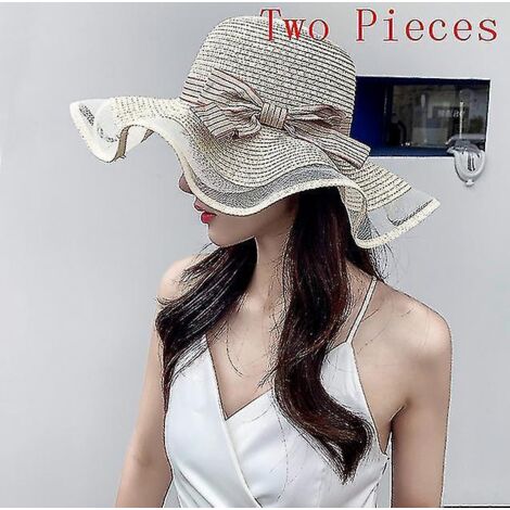 Chapeau de paille style femme, style été, plage, vacances en bord de mer, protection solaire, grand format, chapeau de paille, chapeau de soleil d'été, casquette pour femme, lot de deux - Couleur 1-Tw