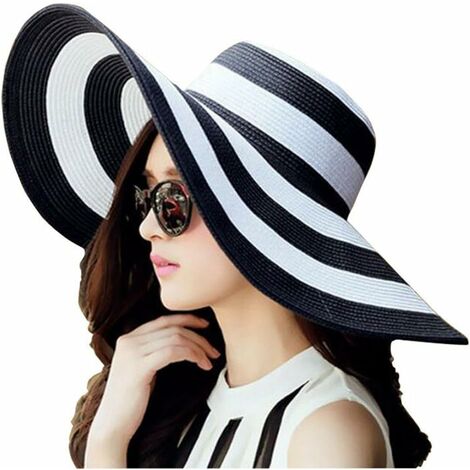 Chapeau de plage pliable à large bord pour femme - Blanc + noir - Avec rayures - UPF 50+
