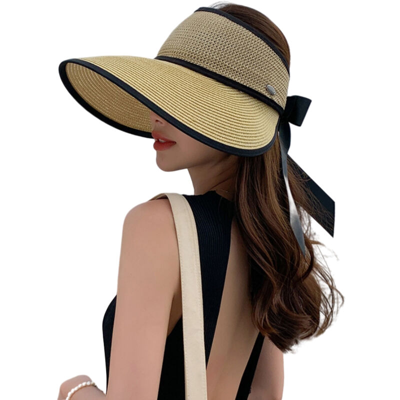 Chapeau de plage pliable pour femme à large bord avec nœud, protection solaire et sommet aéré pour l'été