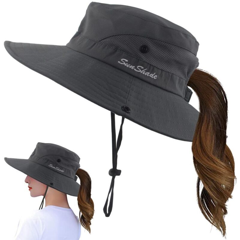 Chapeau de soleil à large bord pour femmes avec trou pour queue de cheval, protection UV, pliable, idéal pour randonnée, pêche et voyages