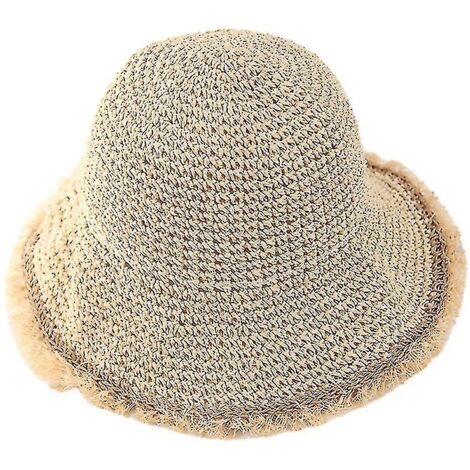 Chapeau de soleil beige en paille crochetée pour femme, à large bord ondulé
