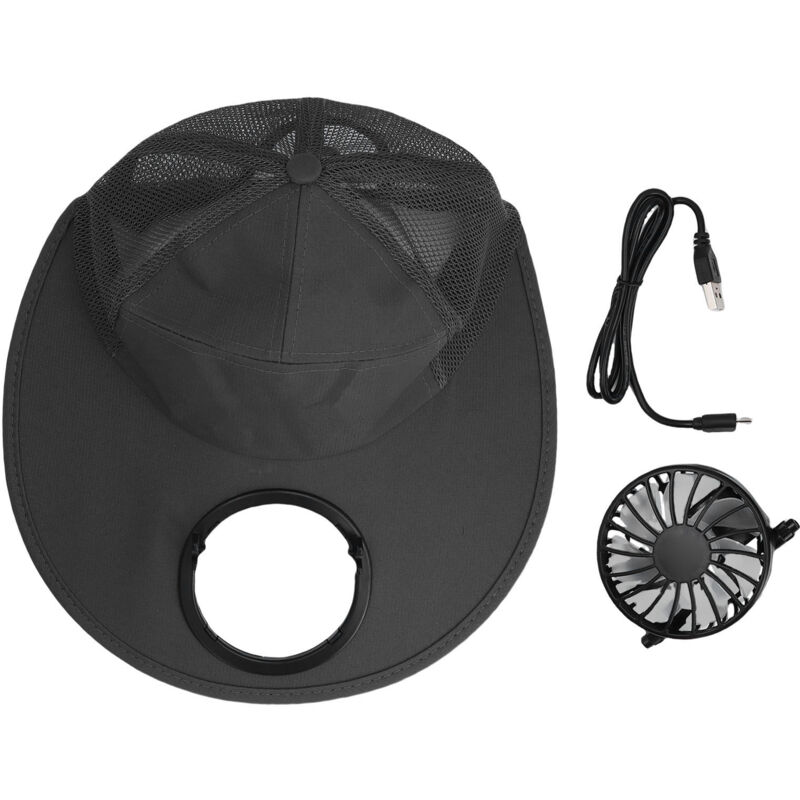 Chapeau de soleil en forme de ventilateur gris foncé, 3 vitesses, chargement USB, pare-soleil en maille à large bord pour les activités de plein air