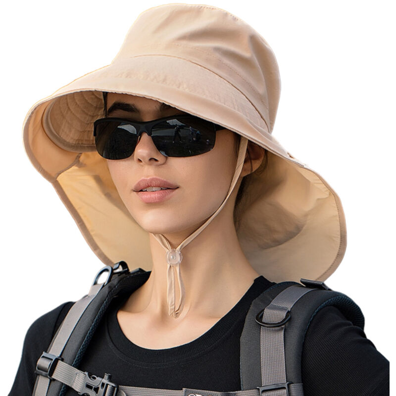 Chapeau de soleil femme à large bord avec rabat cou et protection UV, idéal pour randonnée, vélo et activités estivales