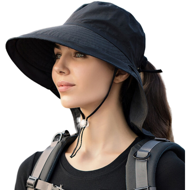 Chapeau de soleil femme à large bord avec rabat cou et protection UV, idéal pour randonnée, vélo et activités estivales, avec trou pour queue de