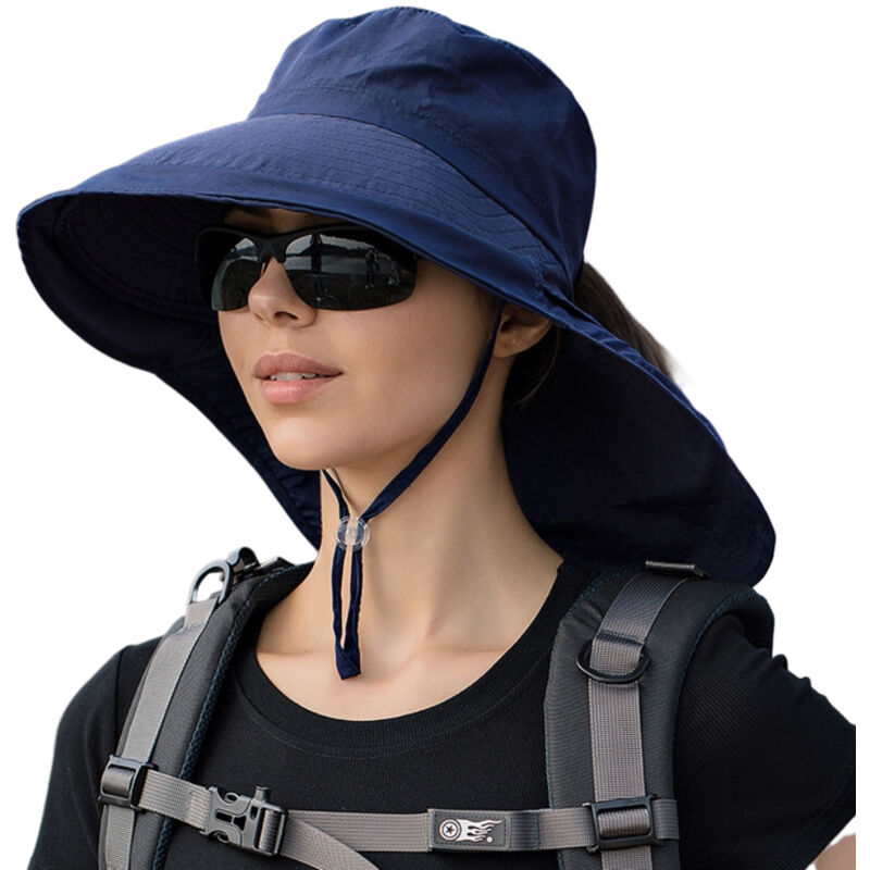 Chapeau de soleil femme à rabat cervical, large bordure anti-UV avec trou pour queue de cheval et jugulaire pour randonnée et vélo