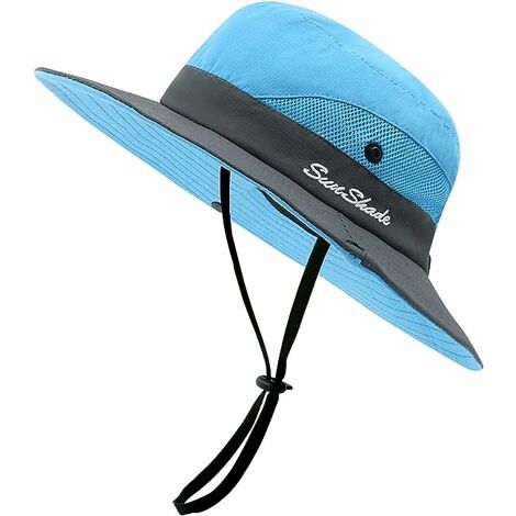 Chapeau de soleil pour femme Chapeau d'été en plein air Randonnée Protection UV Chapeau en maille à large bord pour queue de cheval Convient pour la randonnée Bleu