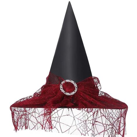 Chapeau de sorcière Vintage Halloween pour femmes, voir à travers le chapeau imprimé voile de dentelle fournitures de fête accessoires de déguisement d'halloween bordeaux