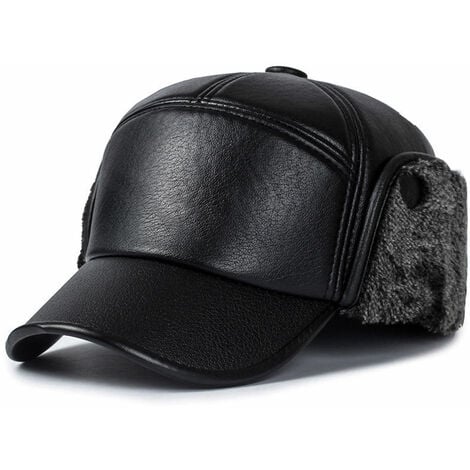 Chapeau d'hiver avec bord oreillette ajusté chapeau casquette de baseball en fausse fourrure pour homme, noir