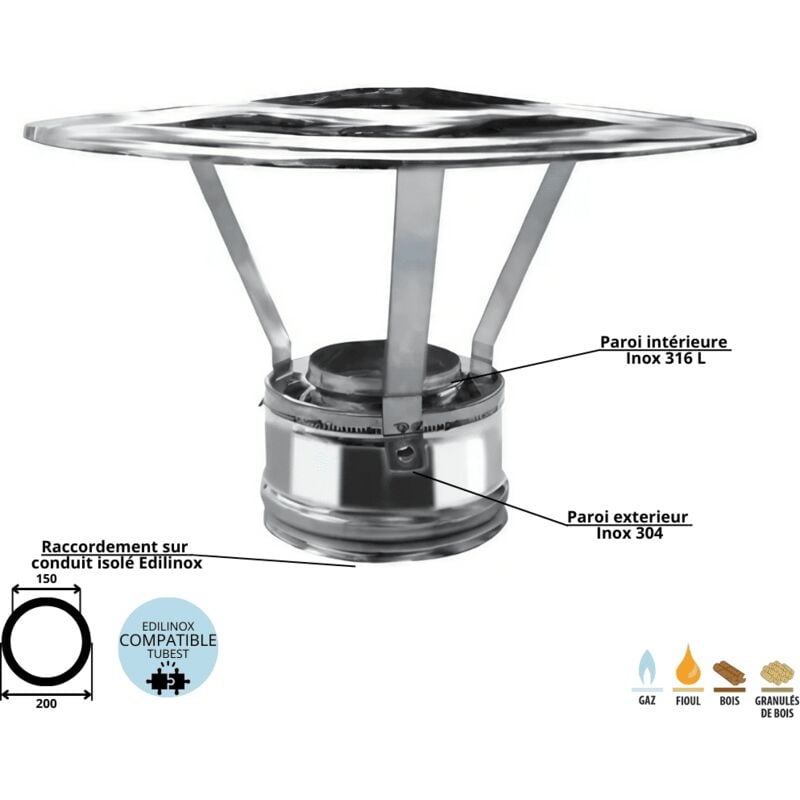 Chapeau pare pluie pour conduit double paroi isolé Ediliso25 Edilinox Diamètre 150