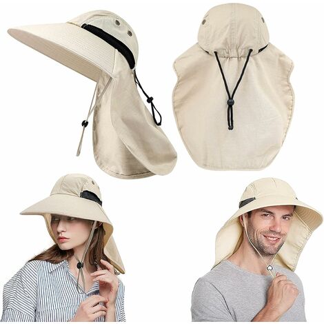 Chapeau Soleil Anti UV Chapeau de Randonnée avec Protection du Cou Grand Bord Chapeau Pêcheur Pliable Réglable Maille Respirante Homme Femme（Khaki） LO-Ron