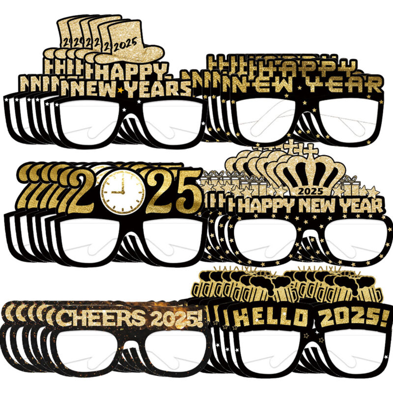 Chapeaux de fête du Nouvel An 2025 avec lunettes, chapeaux en papier noir et doré, accessoires photo et décorations festives