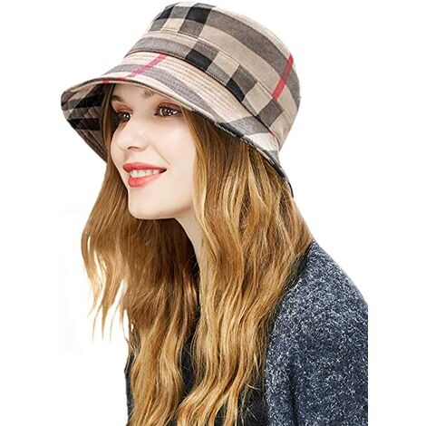 Chapeaux seau tartan à carreaux pour femme Casquette de soleil de pêcheur enroulable vintage