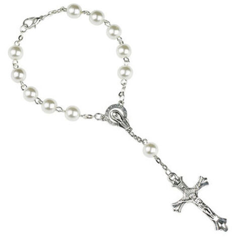 Chapelet catholique Bracelet Blanc Imitation Perle Christ Croix Jésus Notre Dame Bracelet Crucifix Miséricorde Divine Cadeau