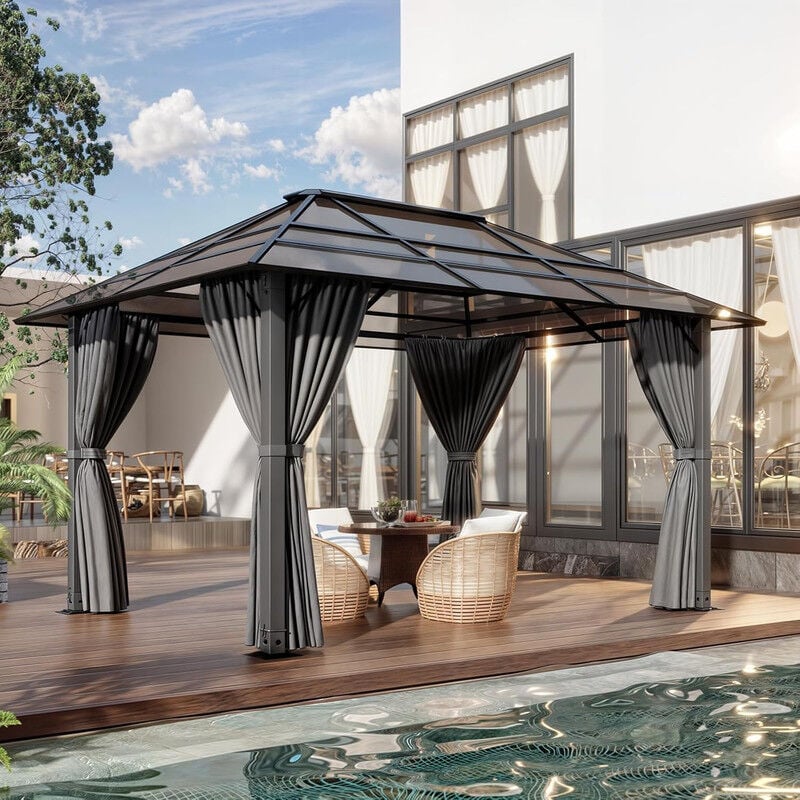 Chapiteau de pavillon de jardin en aluminium 3x4m avec parois latérales de toit en pc, gris foncé - Devoko