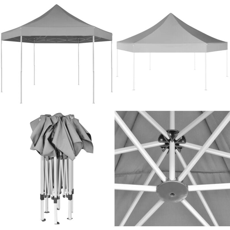 Chapiteau hexagonal pliable Gris 3,6x3,1 m - Abri Solaire - Tente Pliante - Chapiteau Jardin - Gazebo - Structure Extérieure - Home & Living