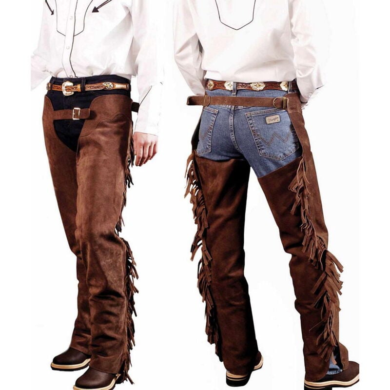 M, Marron: Chaps western en daim avec franges et fermeture éclair