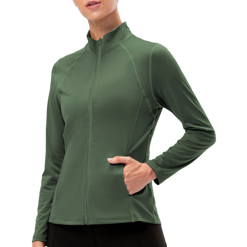 

Chaqueta deportiva para mujer Cuello alto Slim Fit Bolsillos con cremallera completa Chaquetas de pista para correr al aire libre de secado rapido