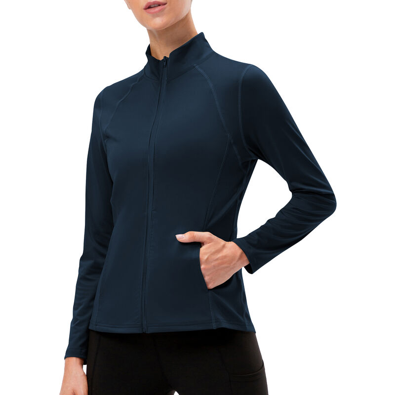 

Chaqueta deportiva para mujer Cuello alto Slim Fit Bolsillos con cremallera completa Chaquetas de pista para correr al aire libre de secado rapido