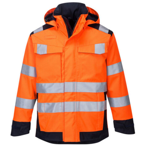 Chaqueta Modaflame protectora de calor, impermeable transpirable de alta visibilidad Rain Multi Norm Arc MV70 L Naranja flúor / Azul marino