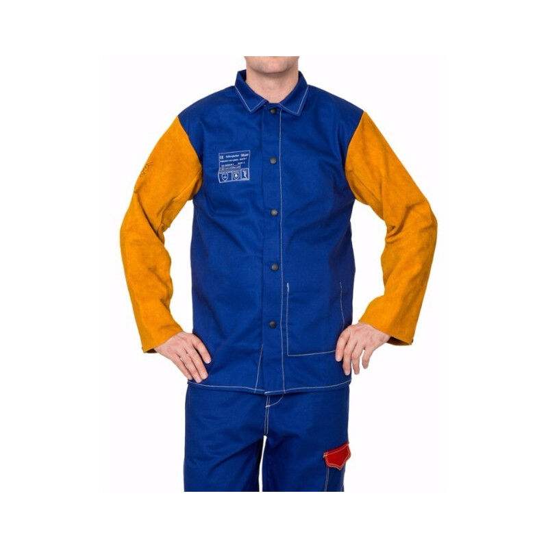 

Chaqueta para soldador azul ignífuga con mangas en cuero WELDAS Yellowjacket | XL