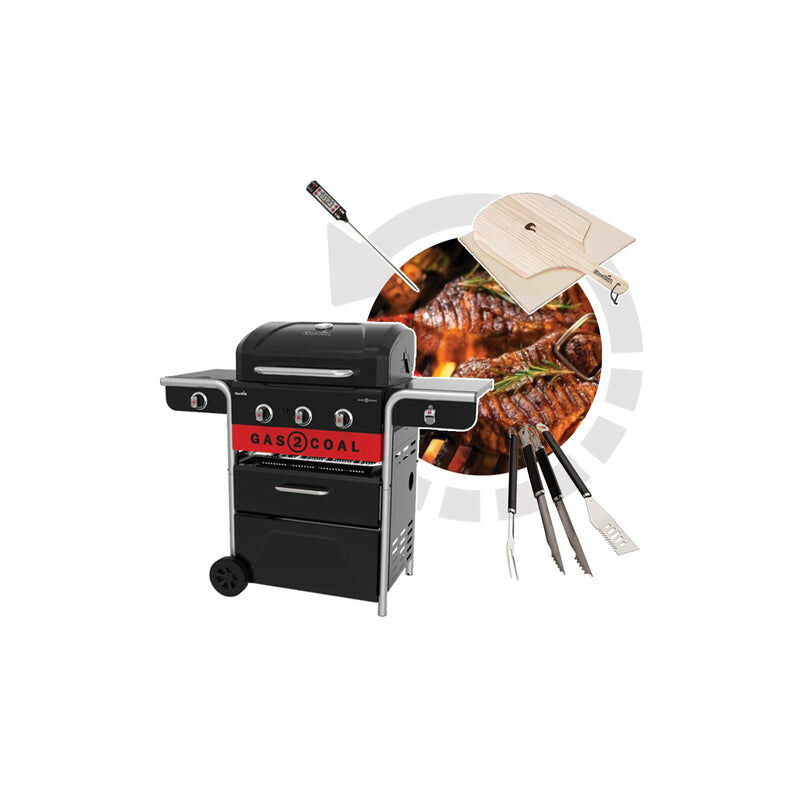 Char Broil - Barbecue a gas e carbonella - Char-Broil - Gas2Coal Hybrid Grill + Pietra per Pizza + 3 Accessori in acciaio inox