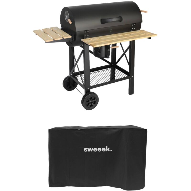 Charcoal Barbecue, American Grill And Smoker, Wheels And Foldable Shelves With Cover Black 115x75x122 Cm - Serge