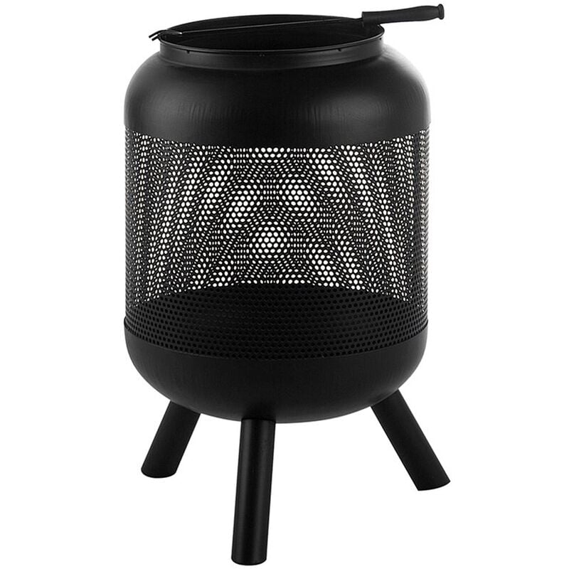 Modern Outdoor Charcoal Fire Pit Black Steel Metal Cylindrical Round Veer