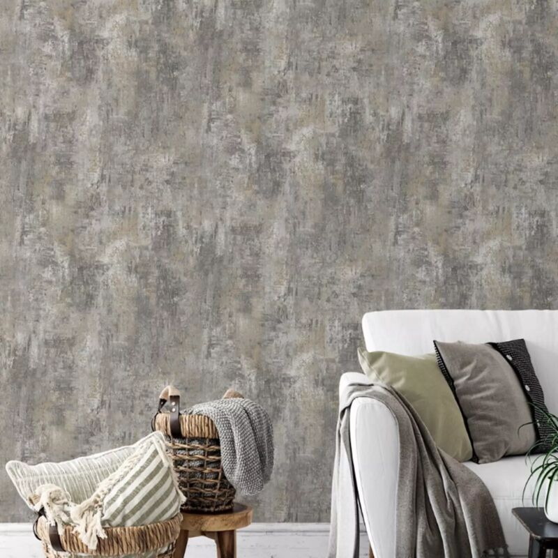 Muriva - Charcoal Grey Wallpaper Industrial Concrete Effect Metallic Gold Living Room