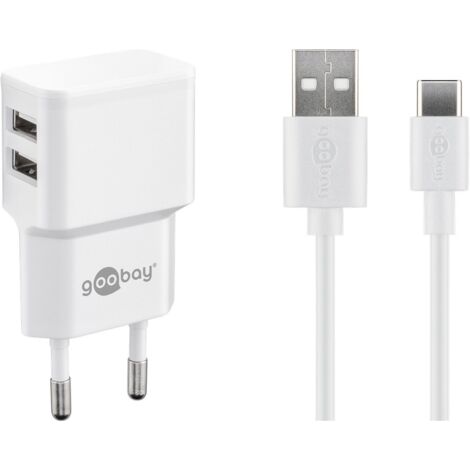 Charge Kit Double USB-C™ (12 W), adaptateur secteur avec 2x prise USB et câble USB Type-C™ 1 m (blanc).