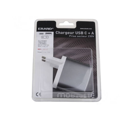 Chargeur 2 USB A/C F - sur secteur 230V - 12V/5A + 12V/1.5A - 18W - bla ERARD - 728204
