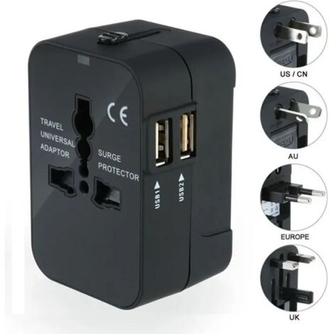 Chargeur Adaptateur de Voyage Universel, US EU UK AU avec 2 USB Ports pour Appareils Photo,Téléphones Portables,Tablette, iPad,