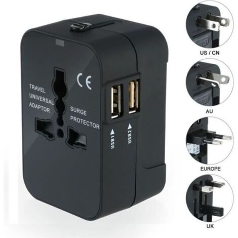 Chargeur Adaptateur de Voyage Universel, US EU UK AU avec 2 USB Ports pour Appareils Photo,Téléphones Portables,Tablette, iPad, Noir