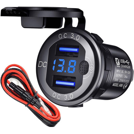 Chargeur allume-cigare 12 V avec prise USB et interrupteur, compatible Quick Charge 3.0, étanche et en métal, pour moto, caravane, bateau et camion.