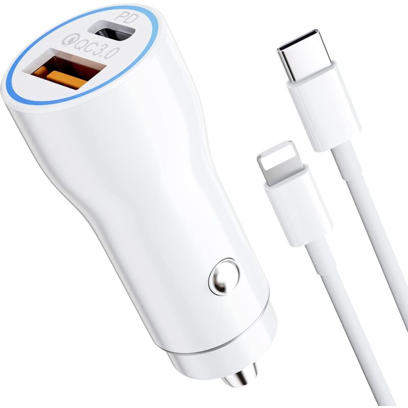 Chargeur Allume Cigare pour iPhone, Chargeur Voiture Rapide USB C 38W avec PD 20W USB-C & QC 3.0 18W USB-A Allume Cigare Adaptateur avec 1M Câble USB