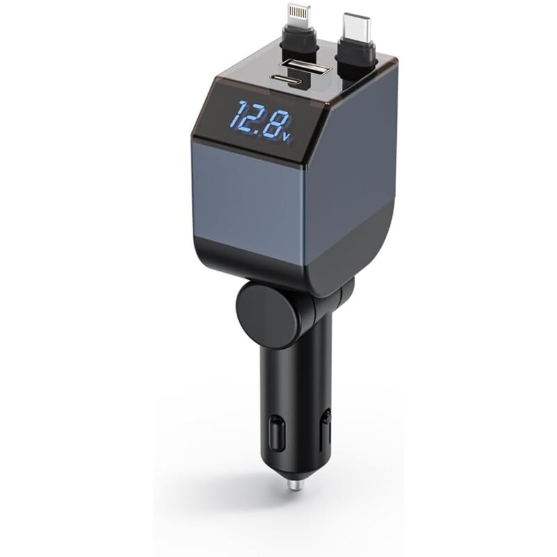 Chargeur Allume Cigare usb-c 4 En1,Charge Rapide PD30W,Double Cables Rétractable,Voltmètre LED,Chargeurs de Téléphones Portables,pour