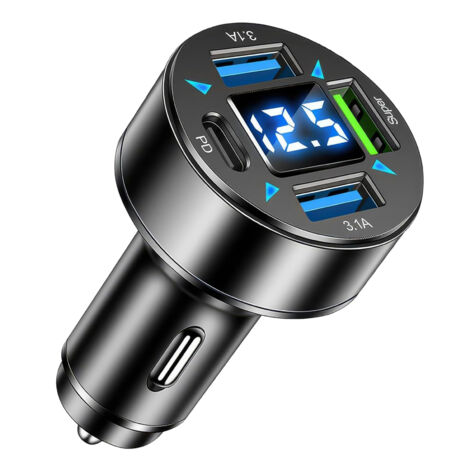Chargeur Allume Cigare USB C 4 Ports, USB C PD 66W, QC3.0 avec Voltmètre LED - Compatible avec IPhone, Android, Samsung, Tablette - Compact, Léger Et Sécurisé
