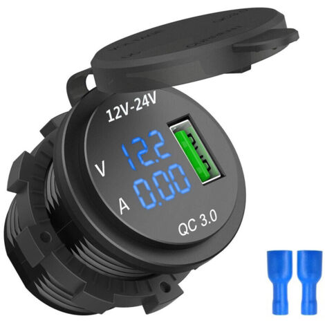 Chargeur allume-cigare voiture rapide 12V/24V 3.0 avec voltmètre ampèremètre Bleu Noir