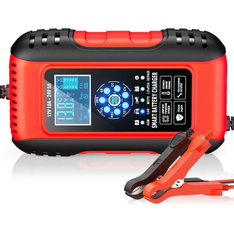 Beijiyi - Chargeur Batterie Lithium, 12V/24V 10A Chargeur Batterie Voitures Auto avec Écran lcd, Maintien de Charge avec Fonction Réparation, pour