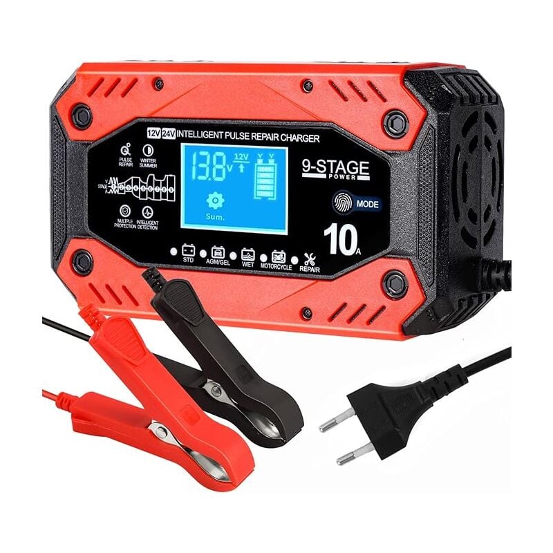 Chargeur Batterie Voitures, 10A 12V/5A 24V Intelligent Chargeur de Batterie Voiture Moto Automatique Réparation Fonction Portable Chargeurs de