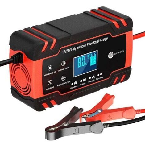 Chargeur, booster et câbles de démarrage　Chargeur de Batterie Intelligent 12V/24V 8A, Chargeur Batterie Mainteneur et Automatique Réparation Fonction Portable avec Écran LCD, pour Voiture Moto Camion,
