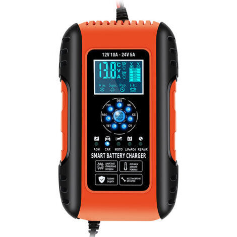 Chargeur de batterie 12V 10A et 24V 5A – Réparation automatique – Écran LCD – Pour batteries AGM, GEL, WET, SLA (6-180Ah)