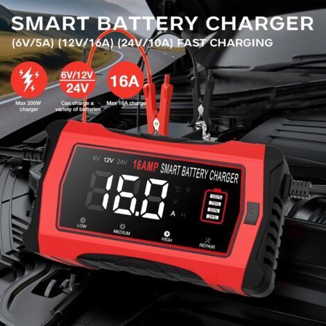 Chargeur de batterie 16A, adapté aux batteries lithium fer phosphate 12V/24V, peut être utilisé dans les voitures, les camions, les tondeuses à gazon, les bateaux, etc.