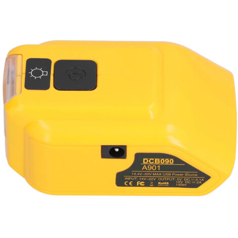 Chargeur de batterie avec lumière LED et sortie USB, adaptateur 14V-22V vers 12V DC, modèle DCB090 pour éclairage de travail.