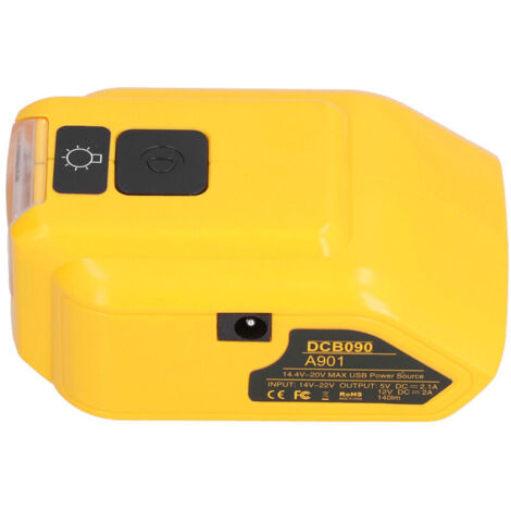Chargeur de batterie avec lumière LED et sortie USB, adaptateur 14V-22V vers 12V DC, modèle DCB090 pour éclairage de travail.
