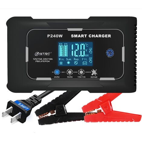 START Chargeur de batterie de voiture 12V/24V, chargeur de batterie de voiture rapide intelligent chargeur HTRC, chargeur d'entretien pour batteries au plomb au lithium de moto de voiture