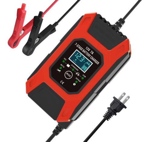 Chargeur de Batterie de Voiture 12V 7A, Chargeur d'Entretien Intelligent 7 Étapes avec Écran LCD, pour Moto, Voiture, Bateau et Autres Équipements