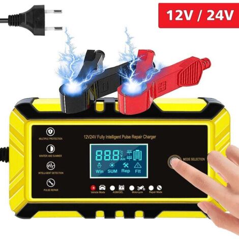 Chargeur de batterie de voiture – 24V 12V/8A Chargeur de batterie intelligent, Écran LCD, Mainteneur de chargeur de batterie avec Protections Multiples Type